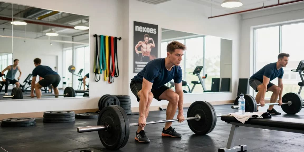 Anabolika Shop: Athlet im Fitnessstudio beim Gewichtheben mit motivierender Atmosphäre und modernem Equipment