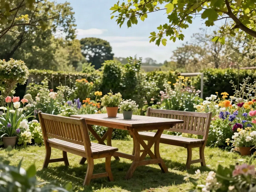 Relaxing outdoor area with Charles Taylor Garden Seating surrounded by flowers and greenery.