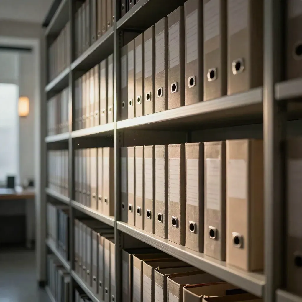 Archivwand mit geschlossenen Musterordnern, Boxen und mattiertem Glas im warmen Abendlicht.