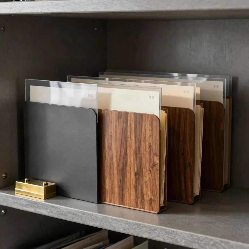Quotationsmappen, Hüllen und Stempel auf einer Archivtischfläche im weichen Seitenlicht.