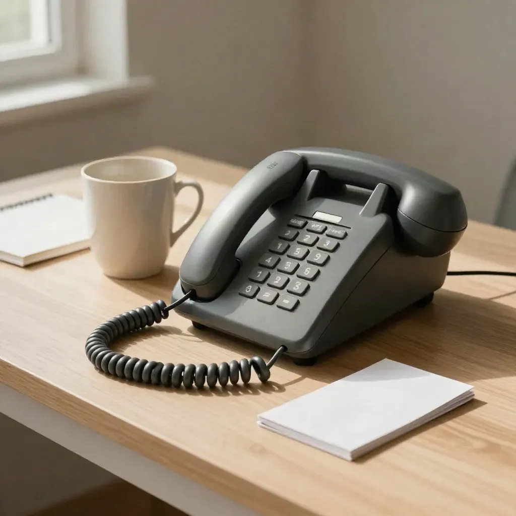 Telefon, Notizbuch und Tasse auf hellem Holz, warm und ruhig inszeniert.