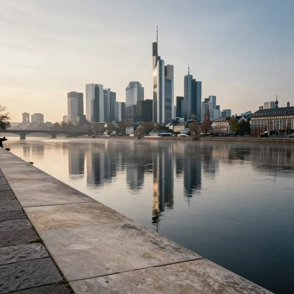 Frankfurter Skyline über dem Main im Abendlicht, mit ruhiger Stein- und Wasserfläche für Copy.