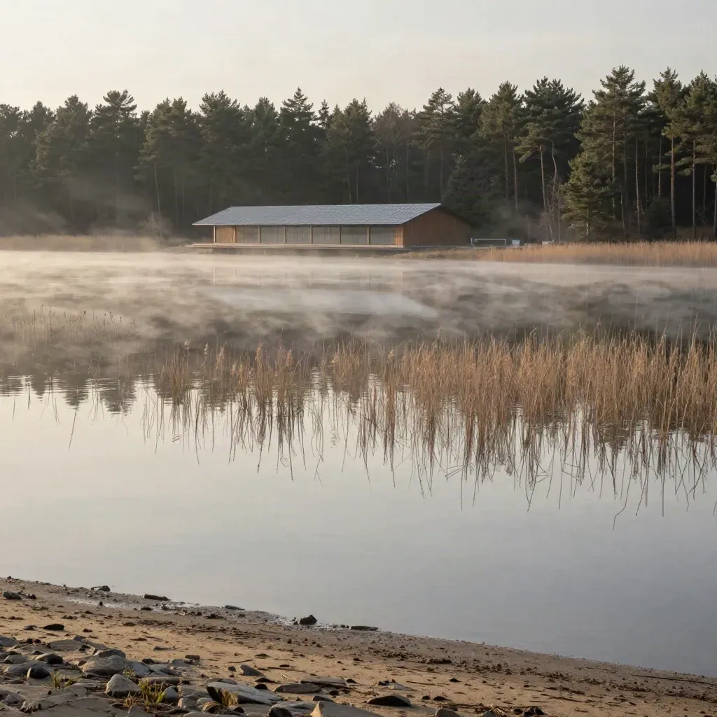 Ruhiger Brandenburger See mit Kiefernlinie, moderner Dachkante und Nebel im Morgenlicht.